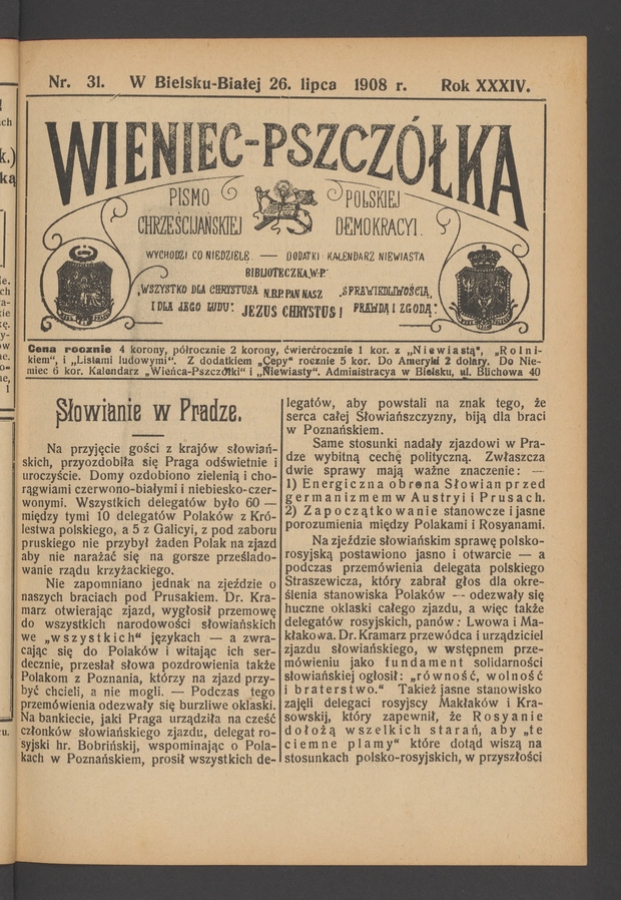Wieniec-Pszcz&oacute;łka&nbsp;: pismo polskiej chrześcijańskiej demokracyi. Rok&nbsp;34, 1908, numer&nbsp;31