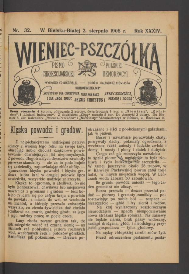 Wieniec-Pszcz&oacute;łka&nbsp;: pismo polskiej chrześcijańskiej demokracyi. Rok&nbsp;34, 1908, numer&nbsp;32