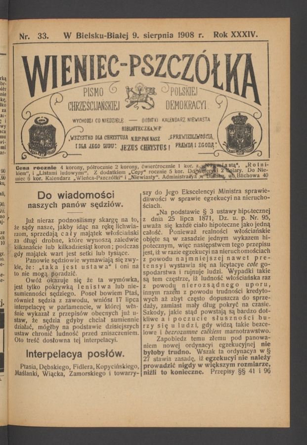 Wieniec-Pszcz&oacute;łka&nbsp;: pismo polskiej chrześcijańskiej demokracyi. Rok&nbsp;34, 1908, numer&nbsp;33