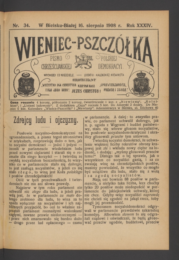 Wieniec-Pszcz&oacute;łka&nbsp;: pismo polskiej chrześcijańskiej demokracyi. Rok&nbsp;34, 1908, numer&nbsp;34