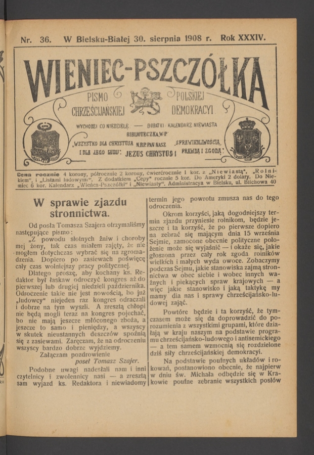 Wieniec-Pszcz&oacute;łka&nbsp;: pismo polskiej chrześcijańskiej demokracyi. Rok&nbsp;34, 1908, numer&nbsp;36