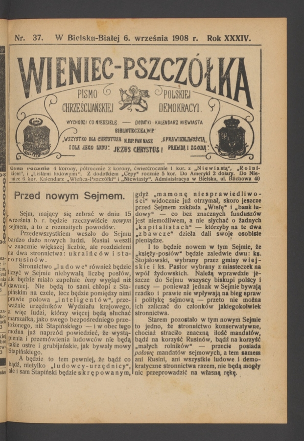 Wieniec-Pszcz&oacute;łka&nbsp;: pismo polskiej chrześcijańskiej demokracyi. Rok&nbsp;34, 1908, numer&nbsp;37