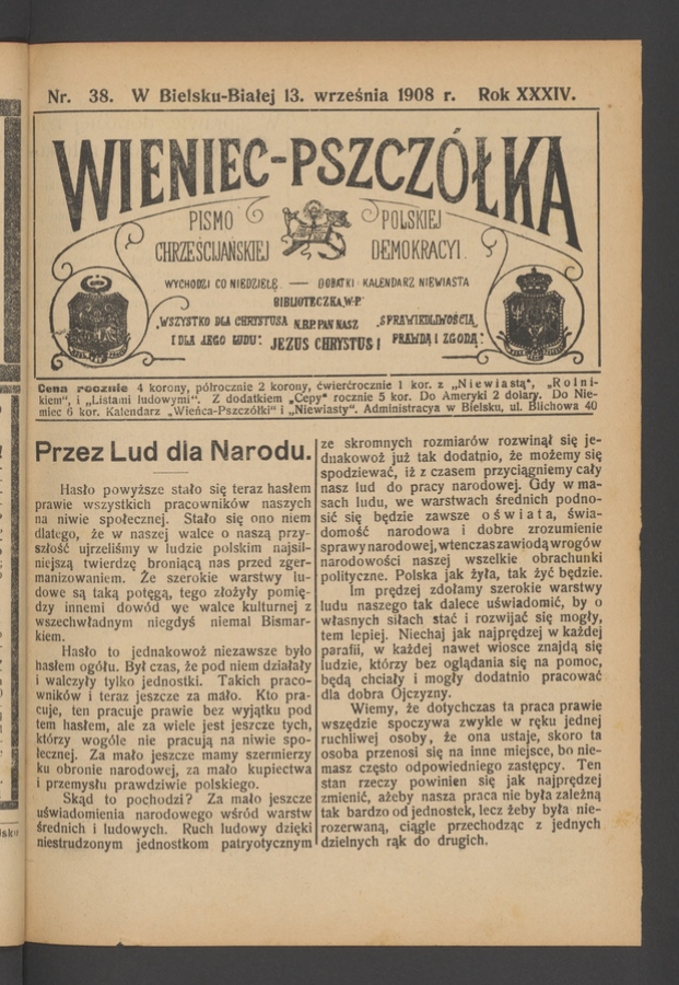 Wieniec-Pszcz&oacute;łka&nbsp;: pismo polskiej chrześcijańskiej demokracyi. Rok&nbsp;34, 1908, numer&nbsp;38