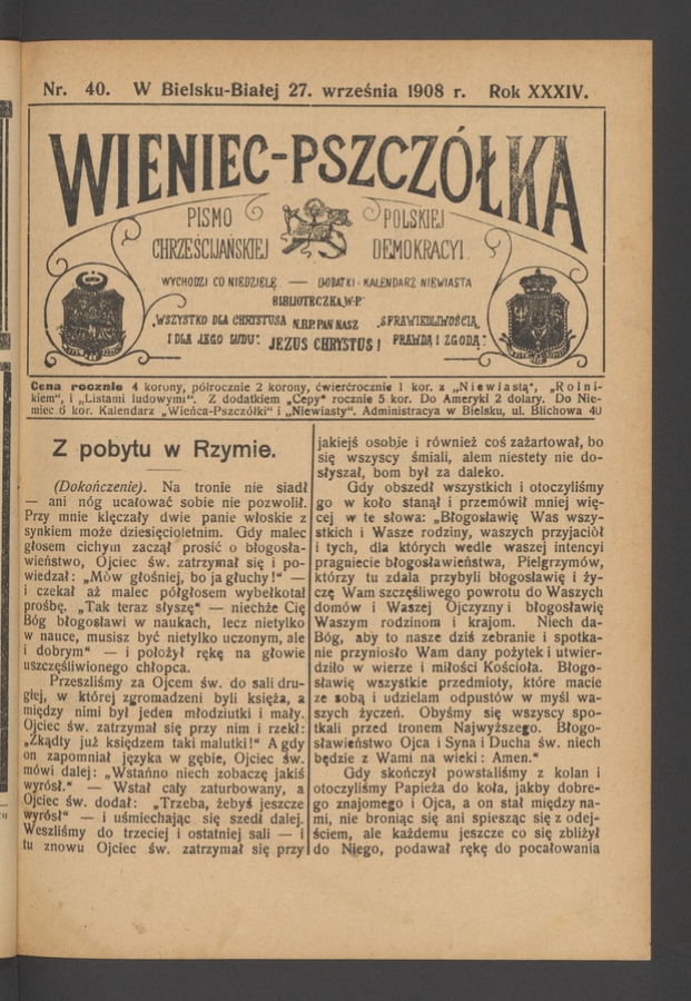 Wieniec-Pszcz&oacute;łka&nbsp;: pismo polskiej chrześcijańskiej demokracyi. Rok&nbsp;34, 1908, numer&nbsp;40
