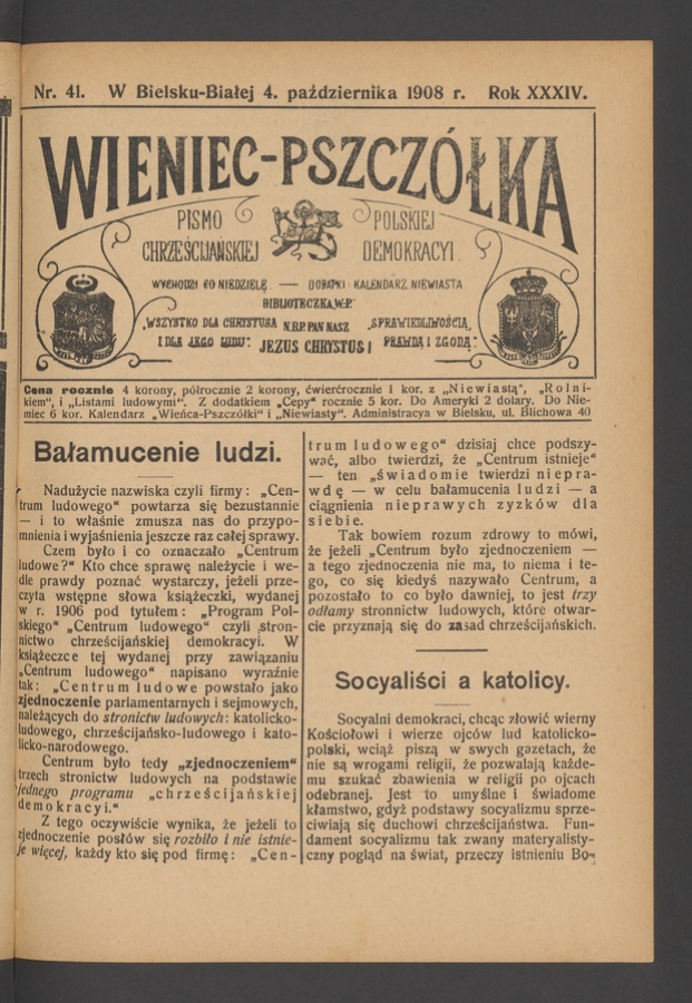 Wieniec-Pszcz&oacute;łka&nbsp;: pismo polskiej chrześcijańskiej demokracyi. Rok&nbsp;34, 1908, numer&nbsp;41