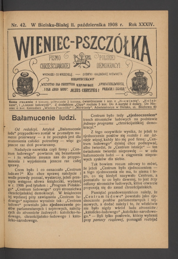 Wieniec-Pszcz&oacute;łka&nbsp;: pismo polskiej chrześcijańskiej demokracyi. Rok&nbsp;34, 1908, numer&nbsp;42