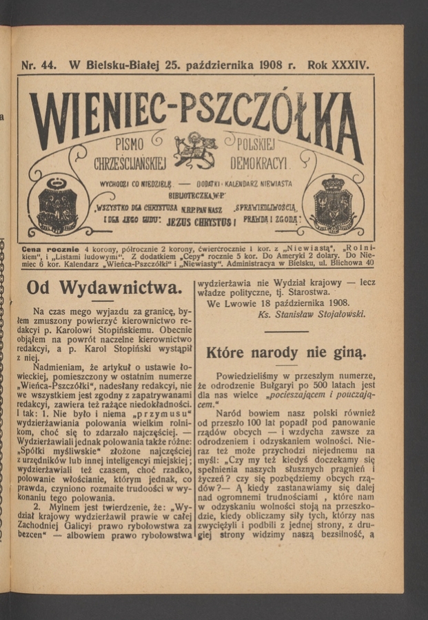 Wieniec-Pszcz&oacute;łka&nbsp;: pismo polskiej chrześcijańskiej demokracyi. Rok&nbsp;34, 1908, numer&nbsp;44