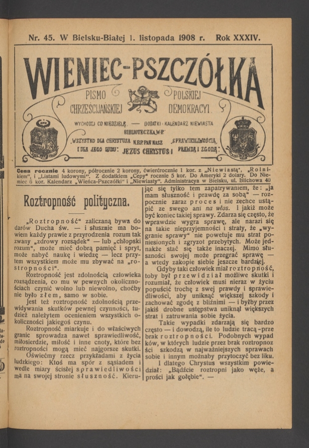 Wieniec-Pszcz&oacute;łka&nbsp;: pismo polskiej chrześcijańskiej demokracyi. Rok&nbsp;34, 1908, numer&nbsp;45