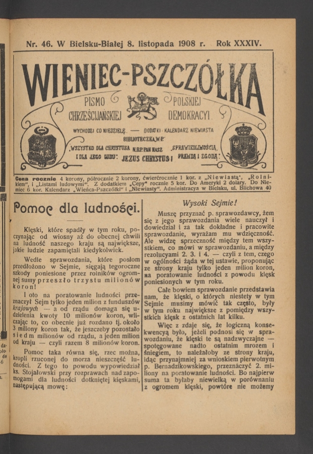 Wieniec-Pszcz&oacute;łka&nbsp;: pismo polskiej chrześcijańskiej demokracyi. Rok&nbsp;34, 1908, numer&nbsp;46