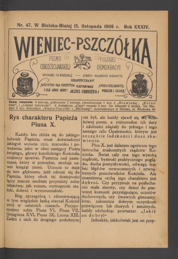Wieniec-Pszcz&oacute;łka&nbsp;: pismo polskiej chrześcijańskiej demokracyi. Rok&nbsp;34, 1908, numer&nbsp;47
