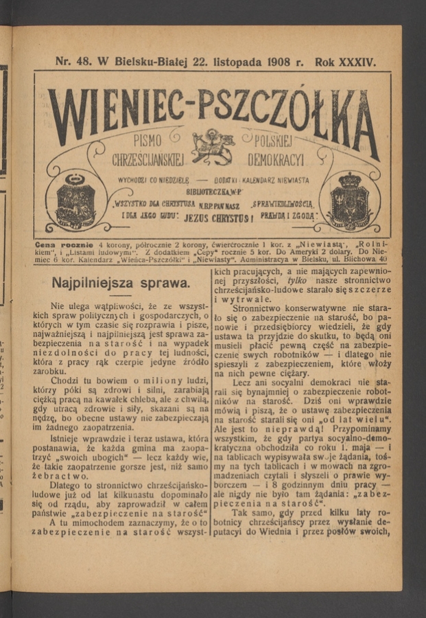 Wieniec-Pszcz&oacute;łka&nbsp;: pismo polskiej chrześcijańskiej demokracyi. Rok&nbsp;34, 1908, numer&nbsp;48