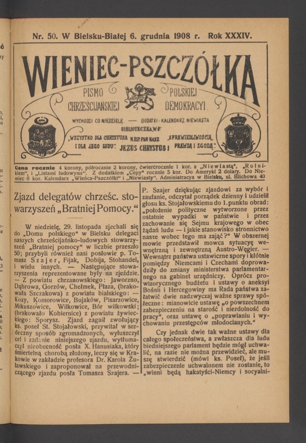 Wieniec-Pszcz&oacute;łka&nbsp;: pismo polskiej chrześcijańskiej demokracyi. Rok&nbsp;34, 1908, numer&nbsp;50