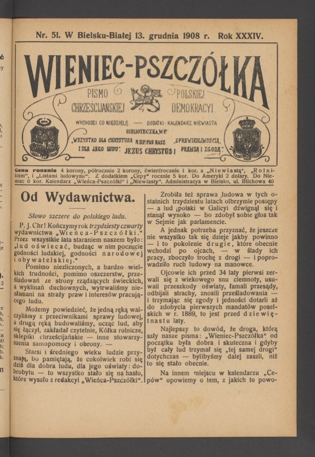 Wieniec-Pszcz&oacute;łka&nbsp;: pismo polskiej chrześcijańskiej demokracyi. Rok&nbsp;34, 1908, numer&nbsp;51