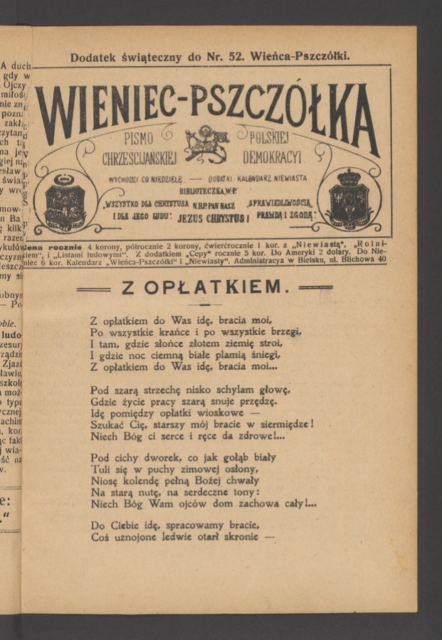 Dodatek świąteczny do&nbsp;numeru&nbsp;52 &bdquo;Wieńca-Pszcz&oacute;łki&rdquo;. Rok&nbsp;34, 1908
