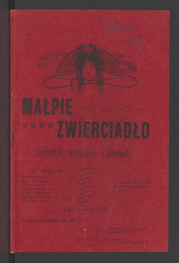 Małpie Zwierciadło&nbsp;: tygodnik społeczny i&nbsp;literacki. Rok&nbsp;1, 1903, numer&nbsp;1