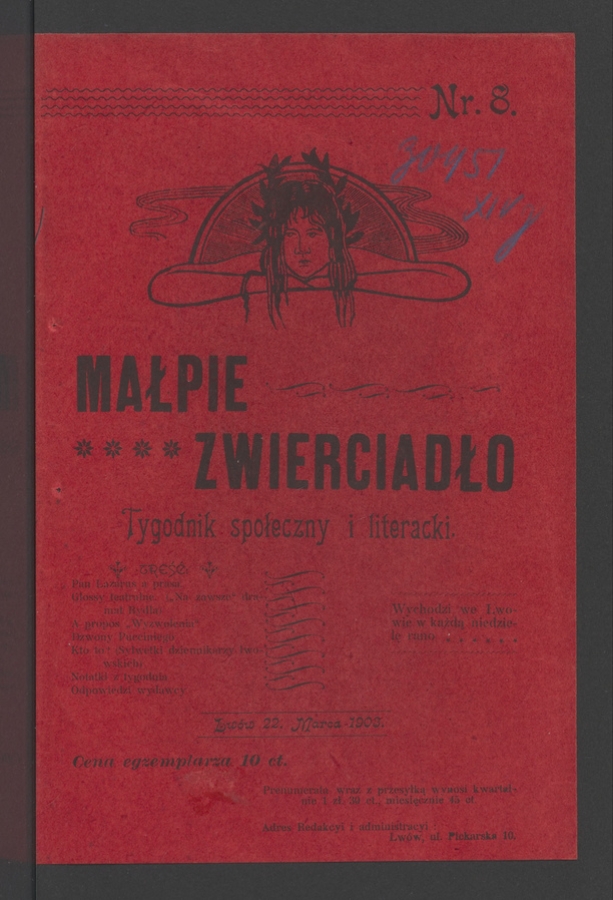 Małpie Zwierciadło&nbsp;: tygodnik społeczny i&nbsp;literacki. Rok&nbsp;1, 1903, numer&nbsp;8