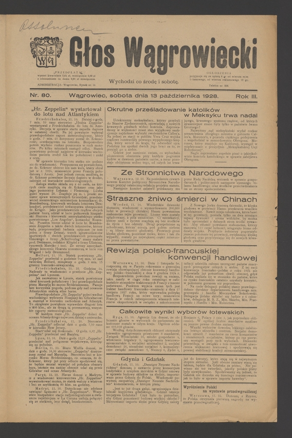Głos Wągrowiecki. Rok&nbsp;3, 1928, numer&nbsp;80