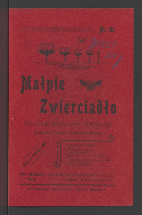Małpie Zwierciadło&nbsp;: tygodnik społeczny i&nbsp;literacki. Rok&nbsp;1, 1903, numer&nbsp;10