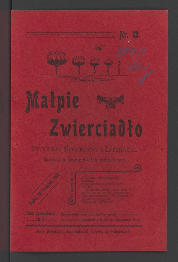 Małpie Zwierciadło&nbsp;: tygodnik społeczny i&nbsp;literacki. Rok&nbsp;1, 1903, numer&nbsp;13