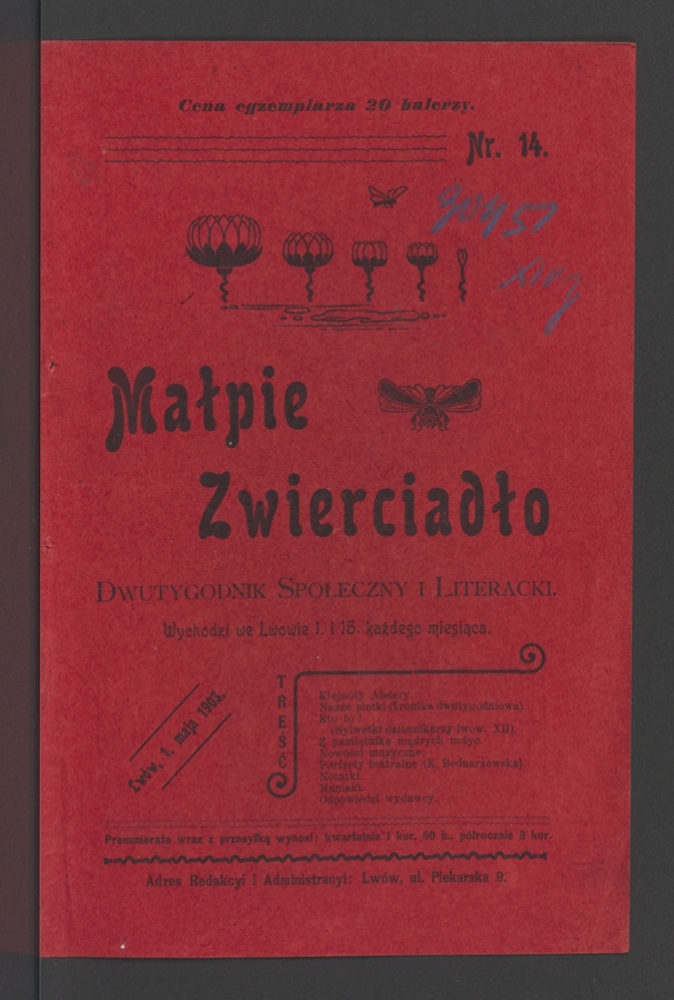 Małpie Zwierciadło&nbsp;: dwutygodnik społeczny i&nbsp;literacki. Rok&nbsp;1, 1903, numer&nbsp;14