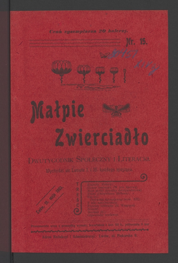 Małpie Zwierciadło&nbsp;: dwutygodnik społeczny i&nbsp;literacki. Rok&nbsp;1, 1903, numer&nbsp;15