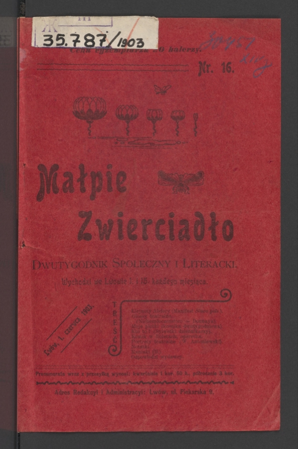 Małpie Zwierciadło&nbsp;: dwutygodnik społeczny i&nbsp;literacki. Rok&nbsp;1, 1903, numer&nbsp;16