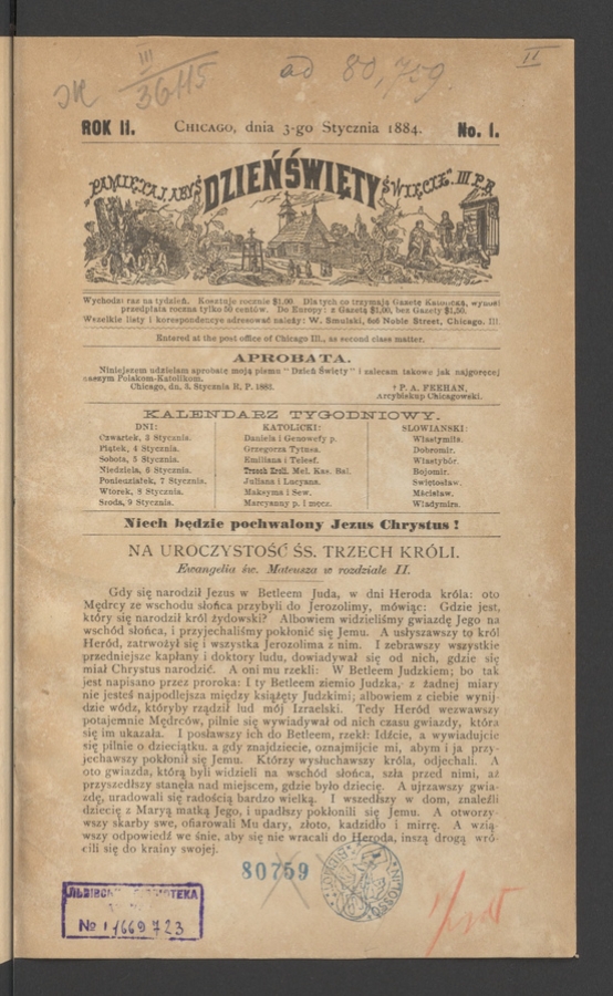 Dzień Święty. Rok&nbsp;2, 1884, numero&nbsp;1