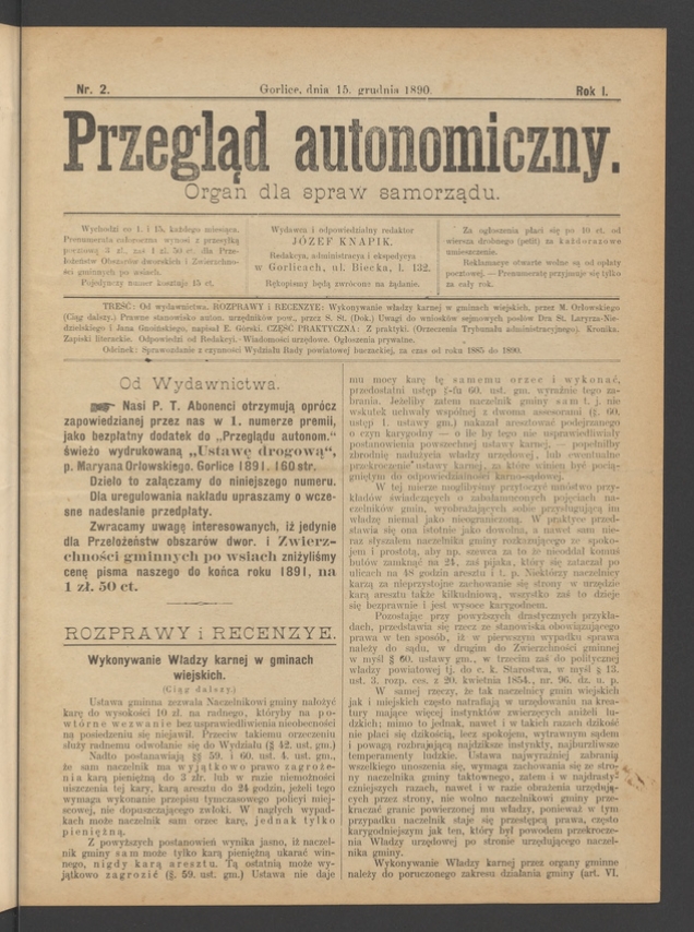 Przegląd Autonomiczny&nbsp;: organ dla spraw samorządu. Rok&nbsp;1, 1890, numer&nbsp;2