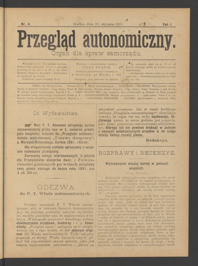 Przegląd Autonomiczny&nbsp;: organ dla spraw samorządu. Rok&nbsp;1, 1891, numer&nbsp;4