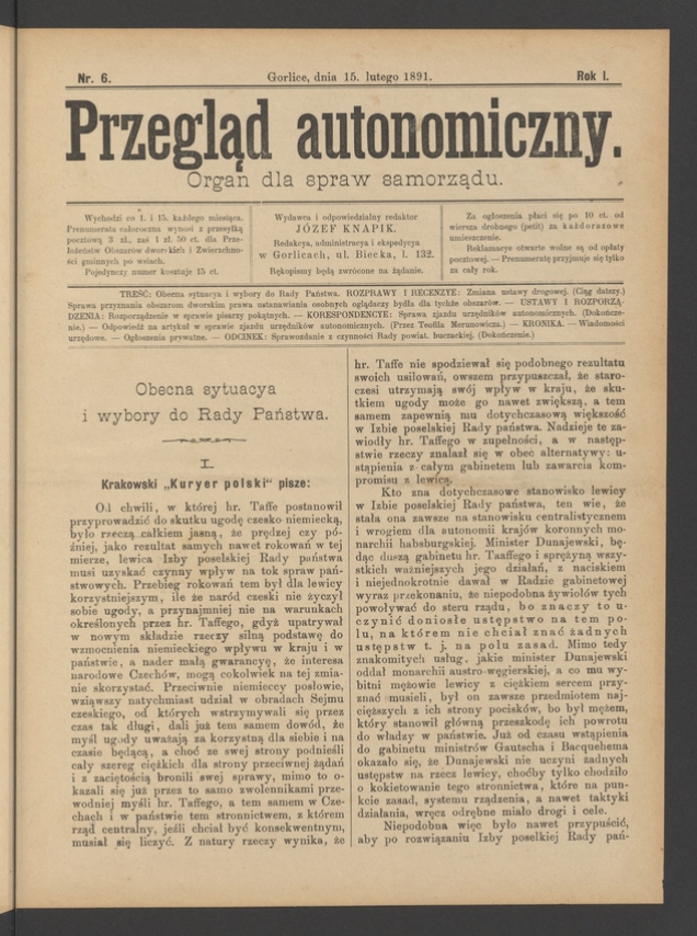 Przegląd Autonomiczny&nbsp;: organ dla spraw samorządu. Rok&nbsp;1, 1891, numer&nbsp;6