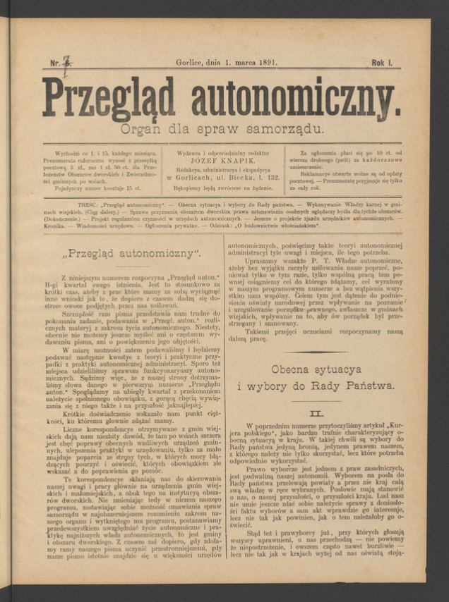 Przegląd Autonomiczny&nbsp;: organ dla spraw samorządu. Rok&nbsp;1, 1891, numer&nbsp;7