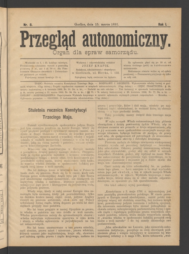 Przegląd Autonomiczny&nbsp;: organ dla spraw samorządu. Rok&nbsp;1, 1891, numer&nbsp;8