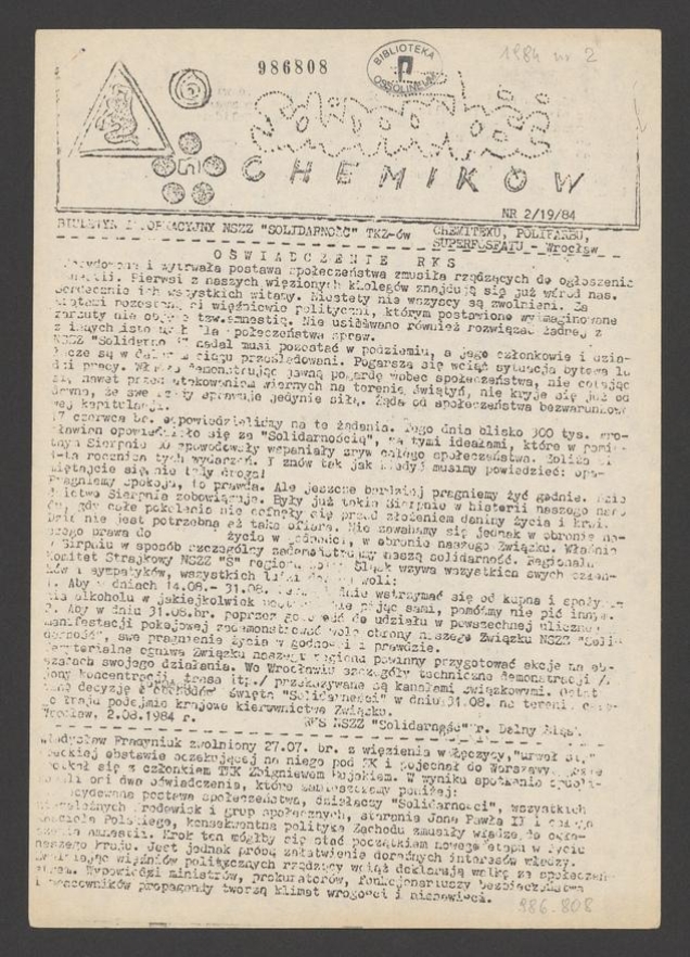 Solidarność Chemik&oacute;w&nbsp;: biuletyn informacyjny NSZZ &bdquo;Solidarność&rdquo; TKZ-&oacute;w Chemitexu, Polifarbu, Superfosfatu. 1984, numer&nbsp;2&nbsp;(19)