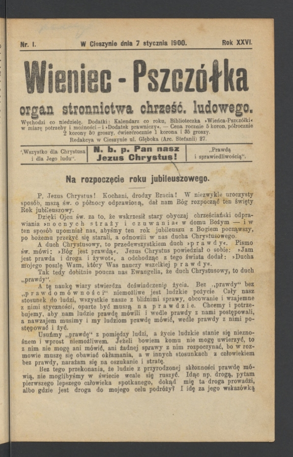 Wieniec-Pszcz&oacute;łka&nbsp;: organ Stronnictwa Chrześcijańsko-Ludowego. Rok&nbsp;26, 1900, numer&nbsp;1
