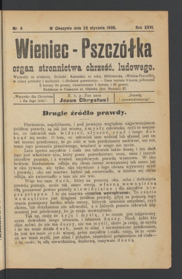 Wieniec-Pszcz&oacute;łka&nbsp;: organ Stronnictwa Chrześcijańsko-Ludowego. Rok&nbsp;26, 1900, numer&nbsp;4