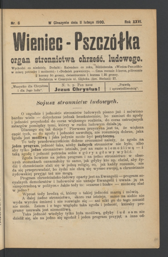 Wieniec-Pszcz&oacute;łka&nbsp;: organ Stronnictwa Chrześcijańsko-Ludowego. Rok&nbsp;26, 1900, numer&nbsp;6