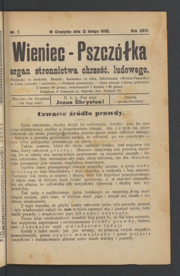Wieniec-Pszcz&oacute;łka&nbsp;: organ Stronnictwa Chrześcijańsko-Ludowego. Rok&nbsp;26, 1900, numer&nbsp;7