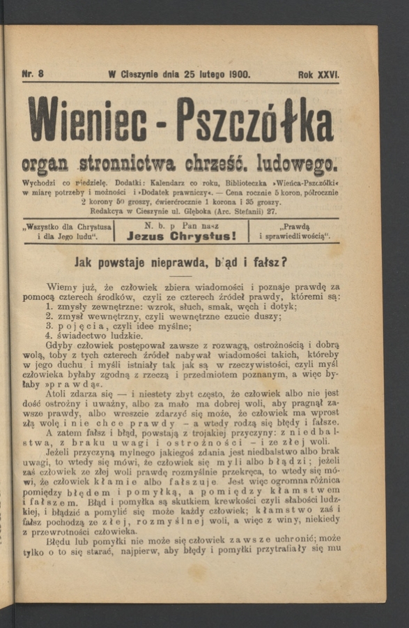 Wieniec-Pszcz&oacute;łka&nbsp;: organ Stronnictwa Chrześcijańsko-Ludowego. Rok&nbsp;26, 1900, numer&nbsp;8