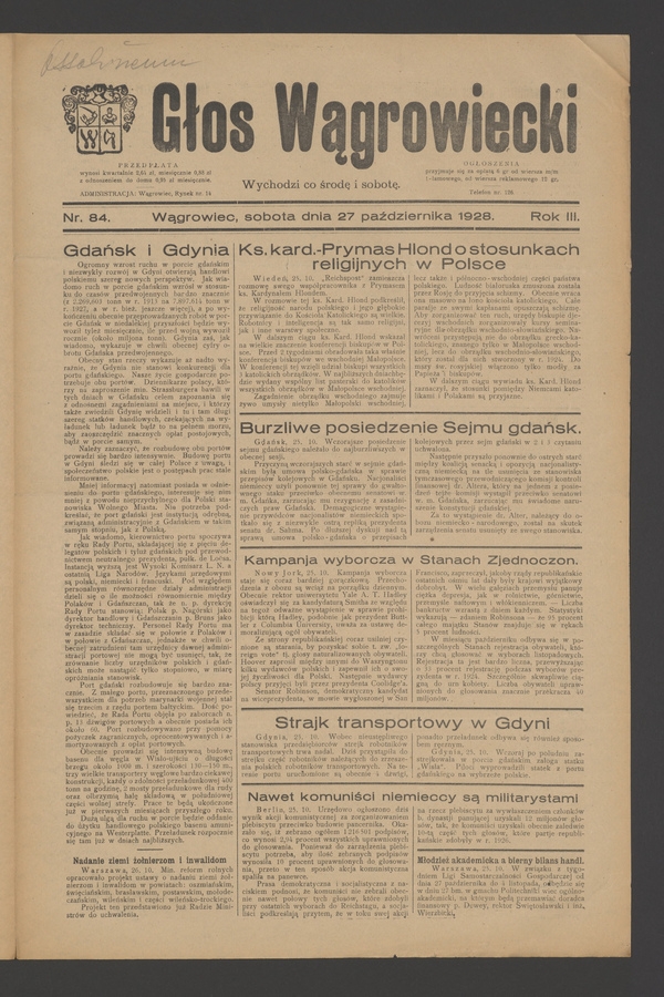 Głos Wągrowiecki. Rok&nbsp;3, 1928, numer&nbsp;84