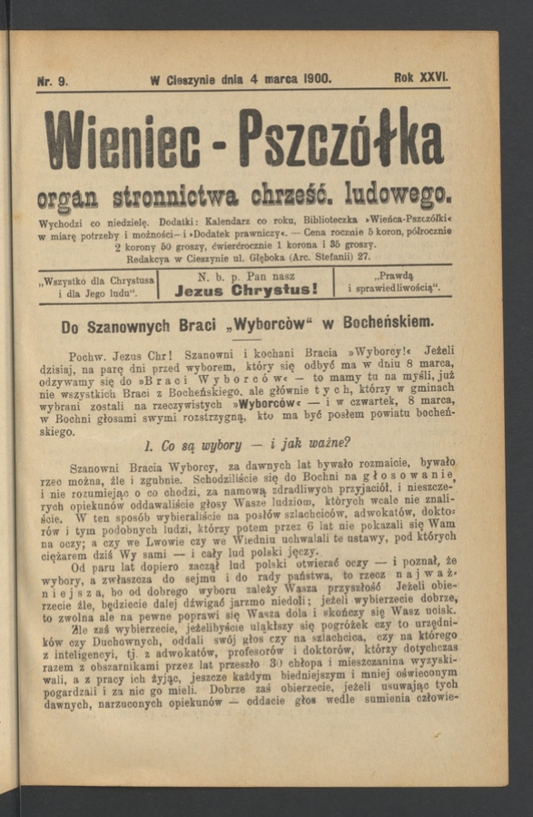 Wieniec-Pszcz&oacute;łka&nbsp;: organ Stronnictwa Chrześcijańsko-Ludowego. Rok&nbsp;26, 1900, numer&nbsp;9