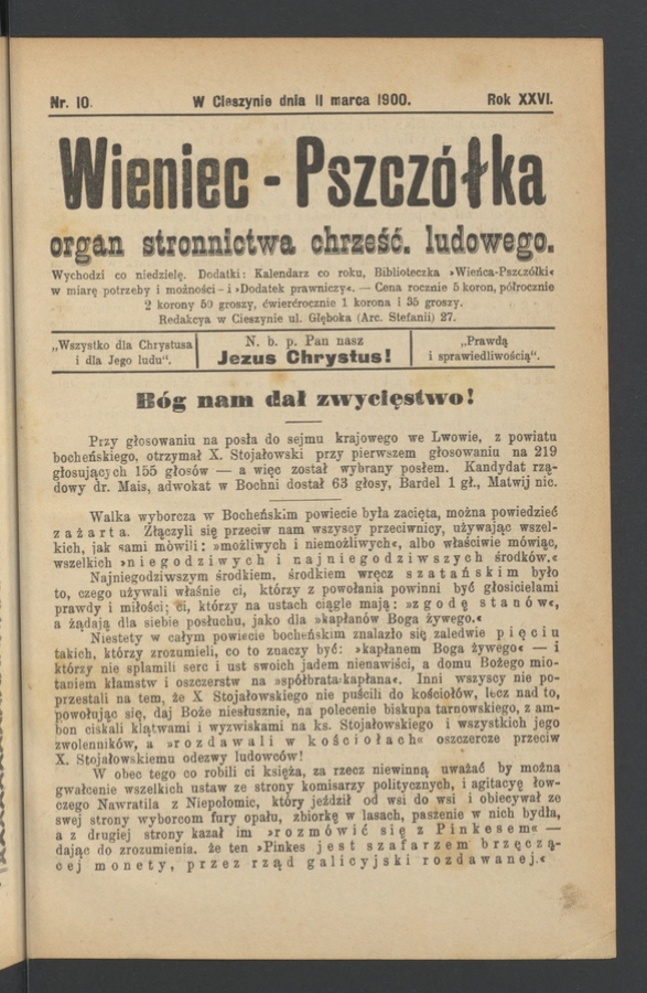 Wieniec-Pszcz&oacute;łka&nbsp;: organ Stronnictwa Chrześcijańsko-Ludowego. Rok&nbsp;26, 1900, numer&nbsp;10