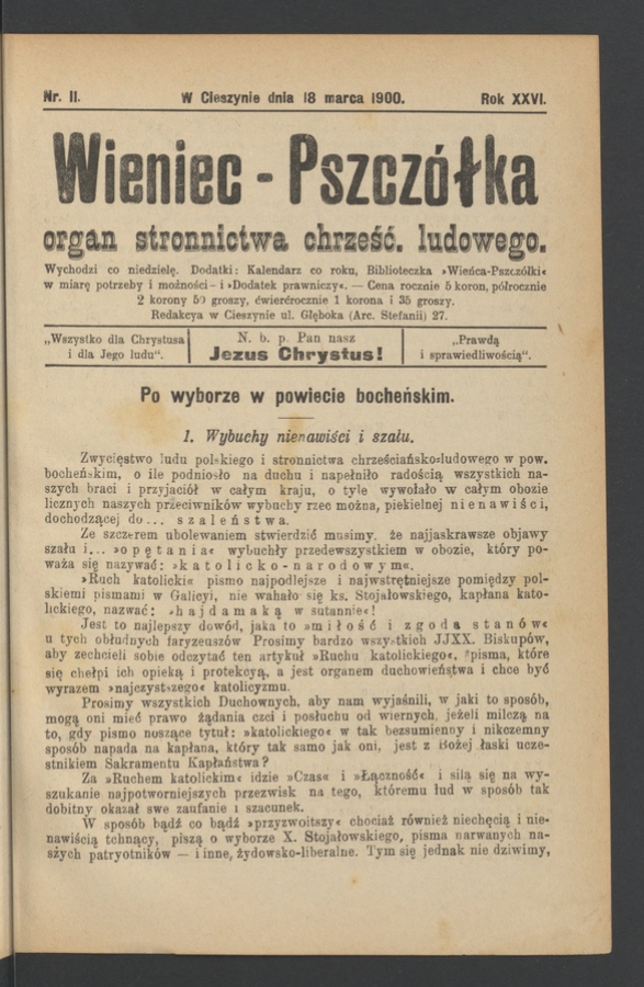 Wieniec-Pszcz&oacute;łka&nbsp;: organ Stronnictwa Chrześcijańsko-Ludowego. Rok&nbsp;26, 1900, numer&nbsp;11