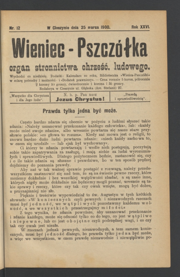 Wieniec-Pszcz&oacute;łka&nbsp;: organ Stronnictwa Chrześcijańsko-Ludowego. Rok&nbsp;26, 1900, numer&nbsp;12
