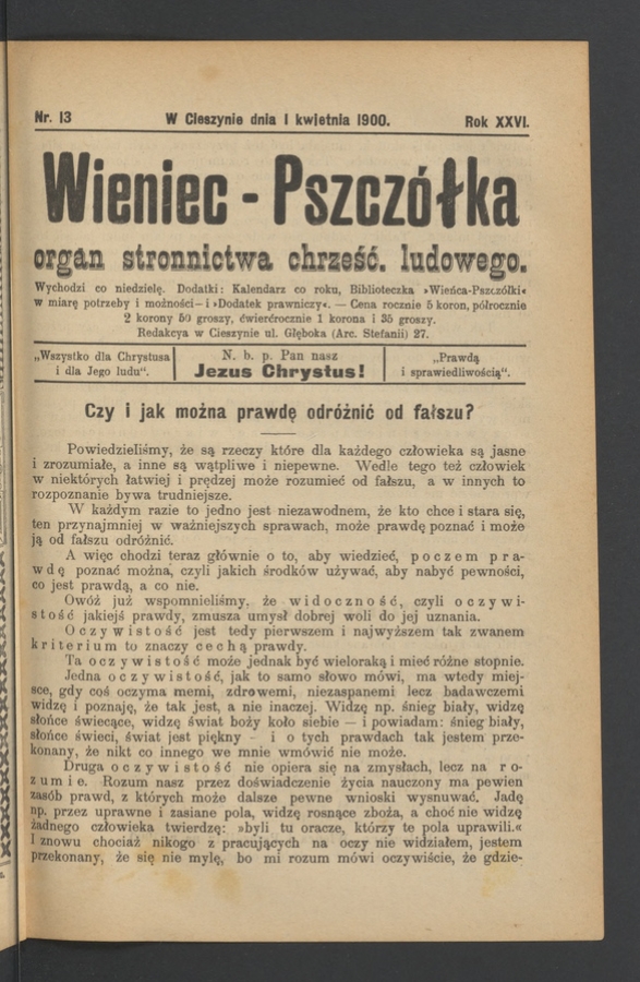 Wieniec-Pszcz&oacute;łka&nbsp;: organ Stronnictwa Chrześcijańsko-Ludowego. Rok&nbsp;26, 1900, numer&nbsp;13