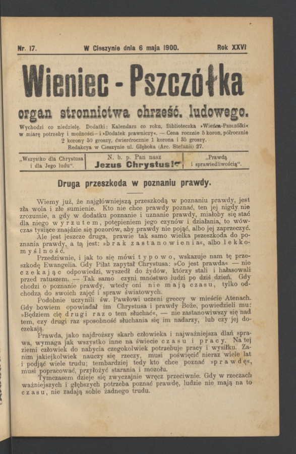 Wieniec-Pszcz&oacute;łka&nbsp;: organ Stronnictwa Chrześcijańsko-Ludowego. Rok&nbsp;26, 1900, numer&nbsp;17
