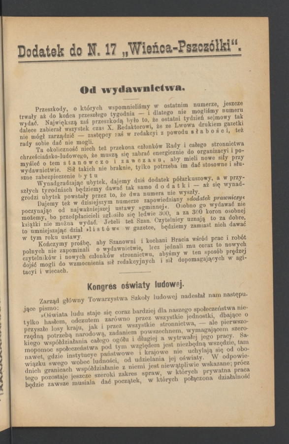 Dodatek do&nbsp;numeru&nbsp;17 &bdquo;Wieńca-Pszcz&oacute;łki&rdquo;. Rok&nbsp;26, 1900