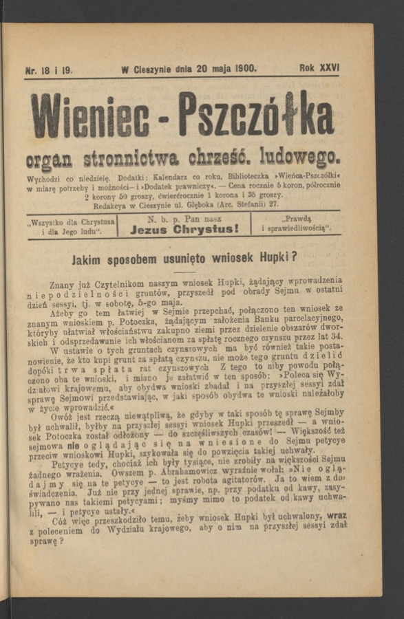 Wieniec-Pszcz&oacute;łka&nbsp;: organ Stronnictwa Chrześcijańsko-Ludowego. Rok&nbsp;26, 1900, numer&nbsp;18-19