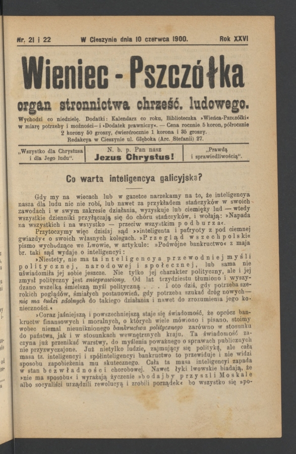 Wieniec-Pszcz&oacute;łka&nbsp;: organ Stronnictwa Chrześcijańsko-Ludowego. Rok&nbsp;26, 1900, numer&nbsp;21-22