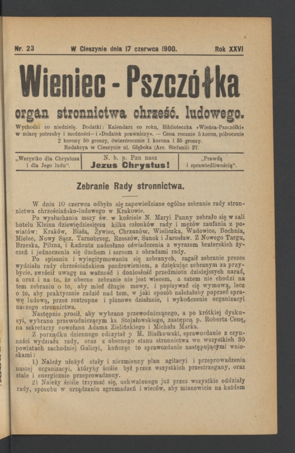 Wieniec-Pszcz&oacute;łka&nbsp;: organ Stronnictwa Chrześcijańsko-Ludowego. Rok&nbsp;26, 1900, numer&nbsp;23