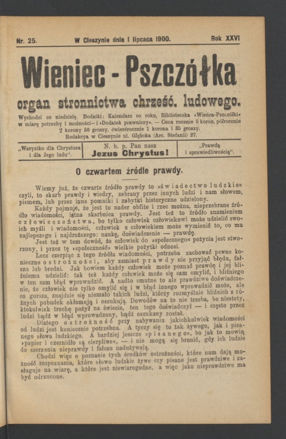 Wieniec-Pszcz&oacute;łka&nbsp;: organ Stronnictwa Chrześcijańsko-Ludowego. Rok&nbsp;26, 1900, numer&nbsp;25